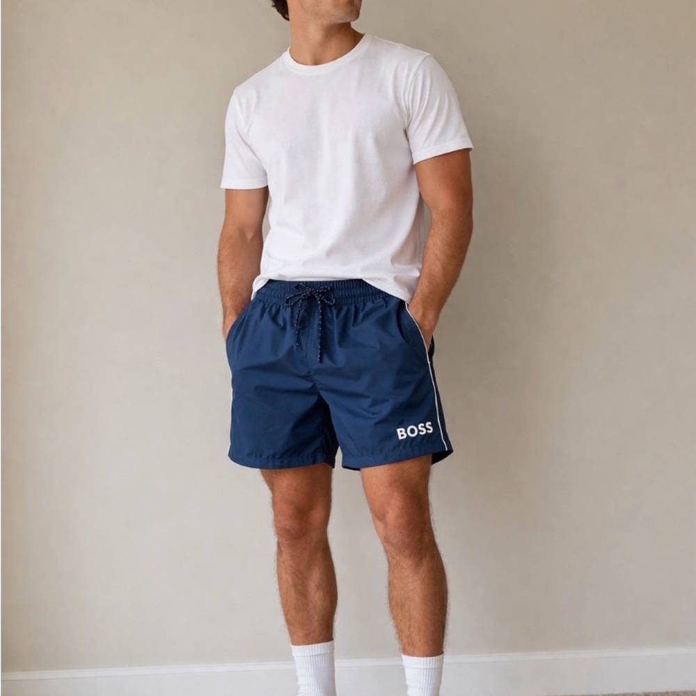 BOSS Navy Blue Swim Trunks with White Logo
